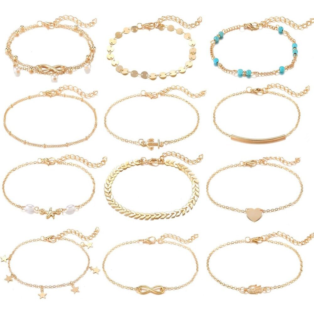 12 Unique Style Adjustable Beach Anklets - Gold & Silver Jewelry Set For Women